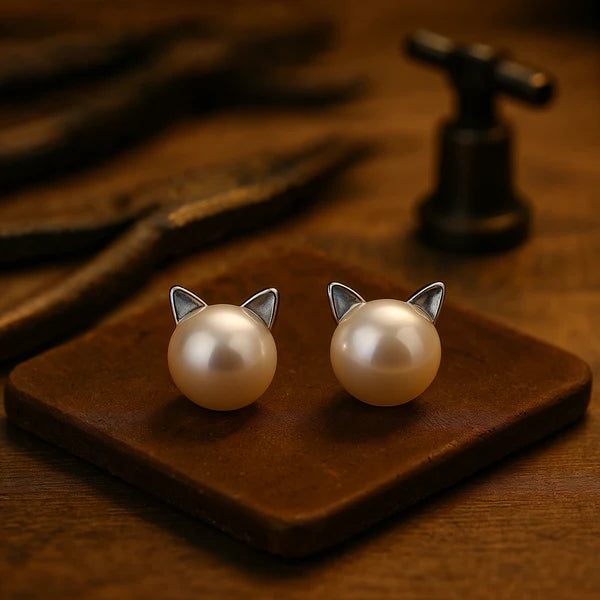 Oorbellen met knoop in sterling zilver met katvormige parel