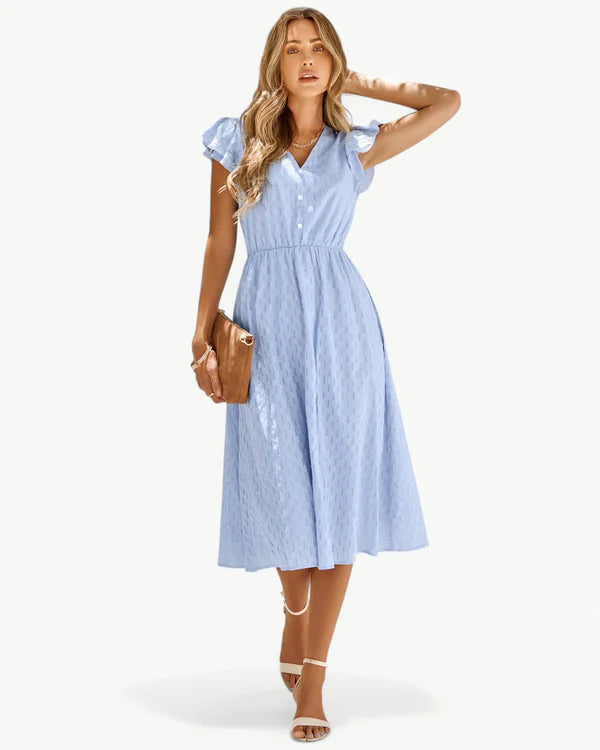 ELISABETTA | Elegante Midi Jurk met Een Smalle Taille en Romantische Details voor Zonnige Dagen