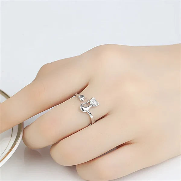 Open ring met schattige kat – Zirkonia